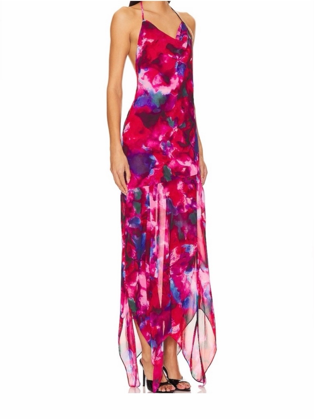 Lovers + Friends Pink Red Blue Watercolor Halter Maxi Dress